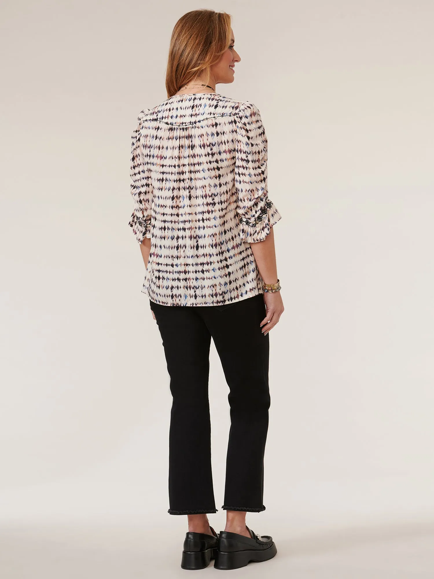 3/4 Flounce Sleeve Embroidered Placket Printed Woven Top