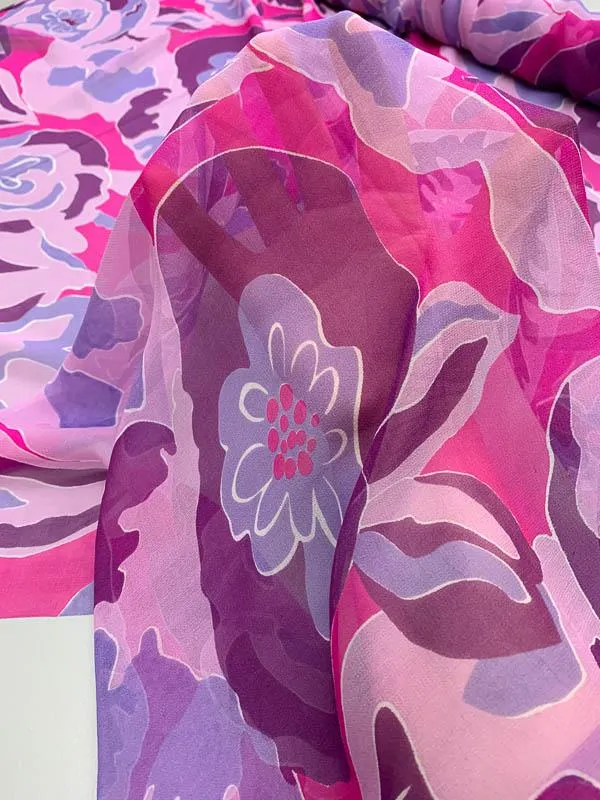 Abstract Floral Graphic Printed Silk Chiffon - Hot Pink / Lavender / Periwinkle