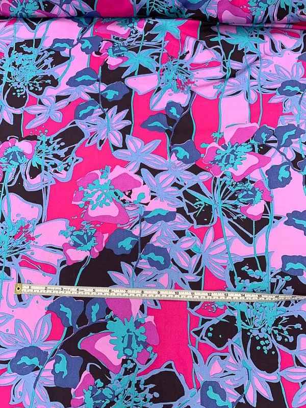 Abstract Floral Printed Silk Crepe de Chine - Magenta / Black / Aqua