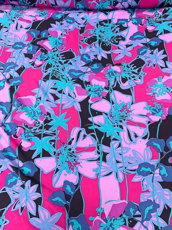 Abstract Floral Printed Silk Crepe de Chine - Magenta / Black / Aqua