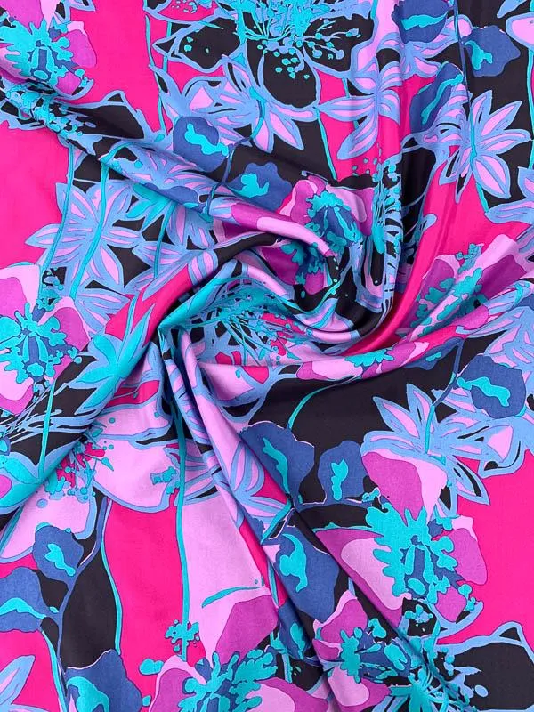 Abstract Floral Printed Silk Crepe de Chine - Magenta / Black / Aqua