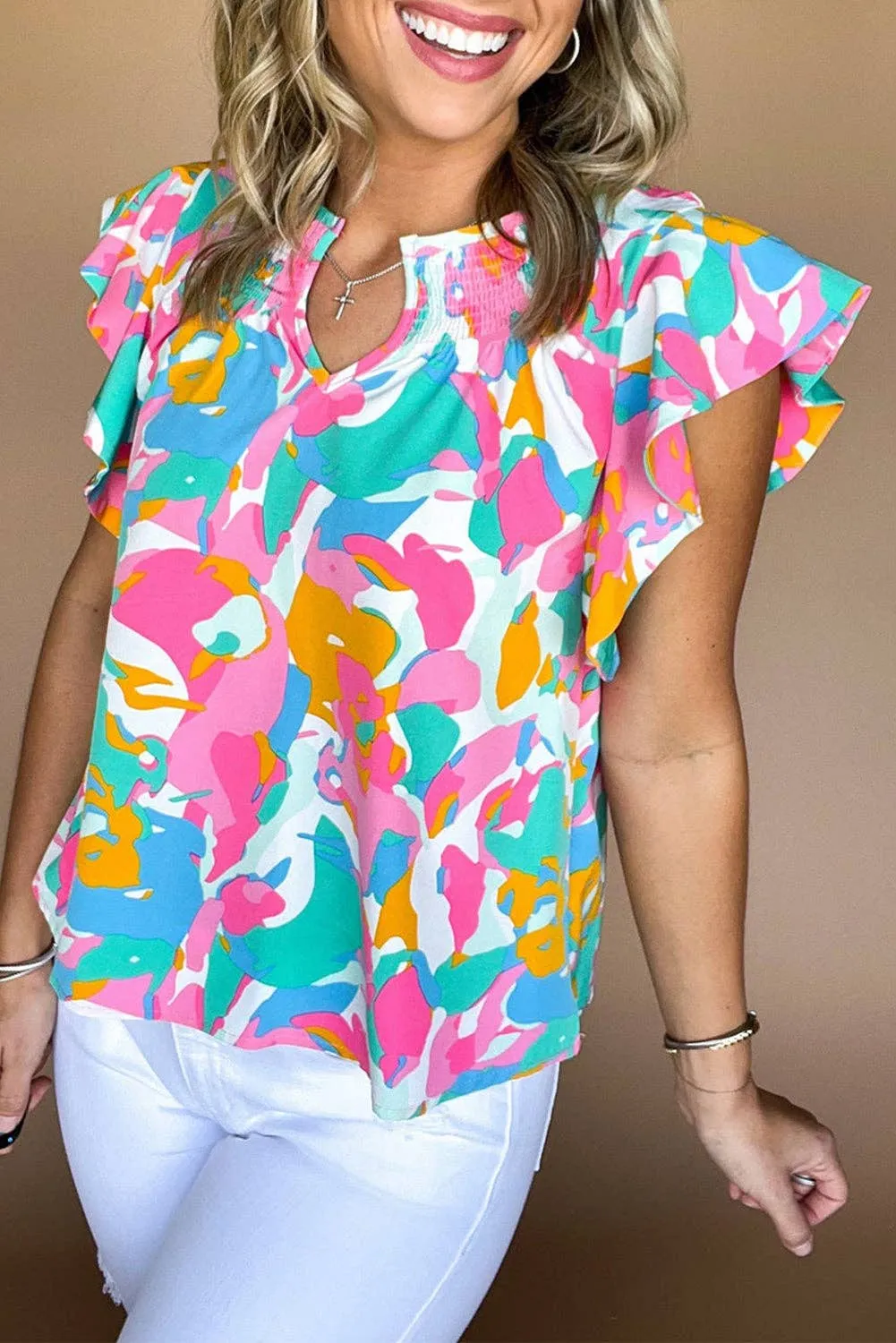 Abstract Flutter Sleeve Blouse in Multicolor