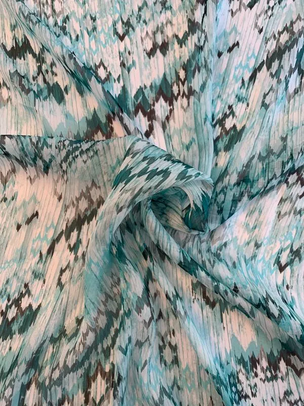 Abstract Ikat Printed Silk Chiffon - Seafoam / Teal / White