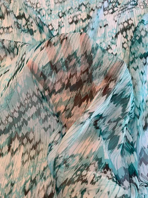 Abstract Ikat Printed Silk Chiffon - Seafoam / Teal / White