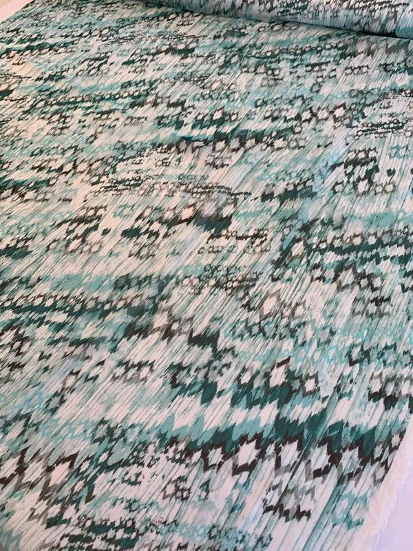 Abstract Ikat Printed Silk Chiffon - Seafoam / Teal / White