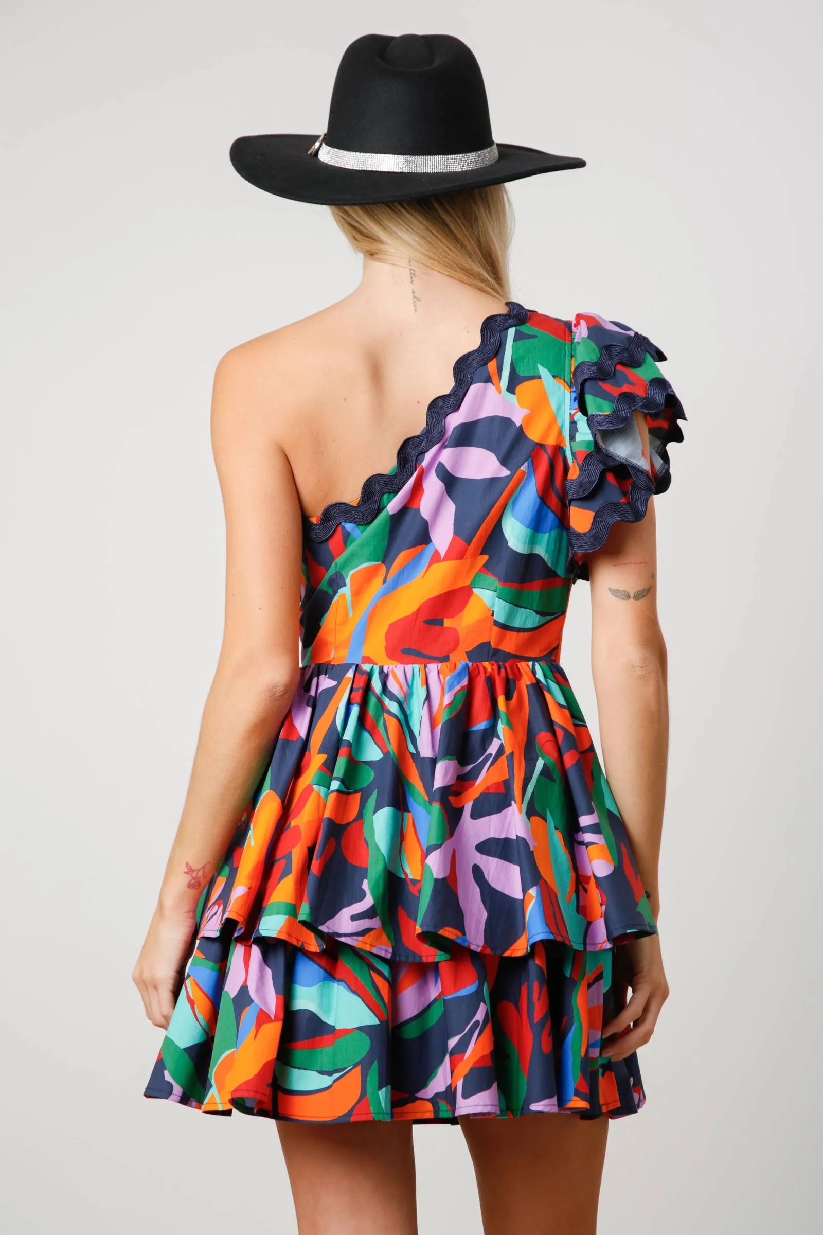 ABSTRACT NAVY ONE SHOULDER RUFFLE DRESS