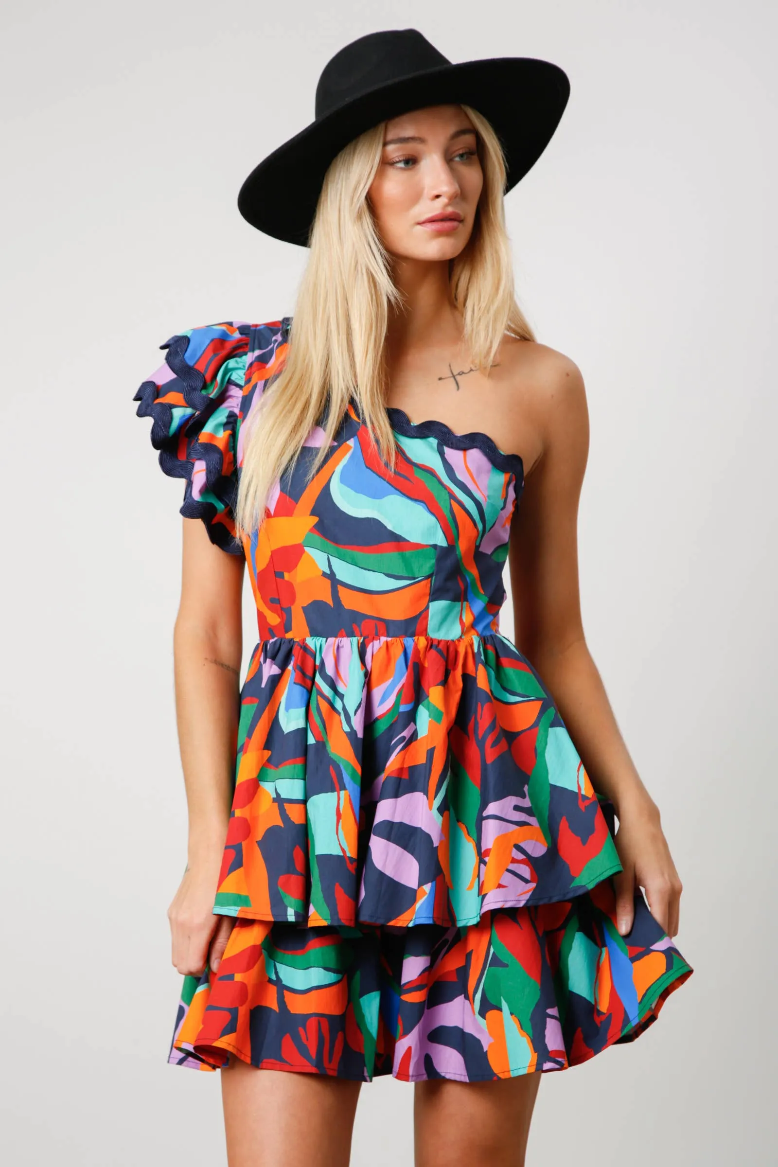 ABSTRACT NAVY ONE SHOULDER RUFFLE DRESS