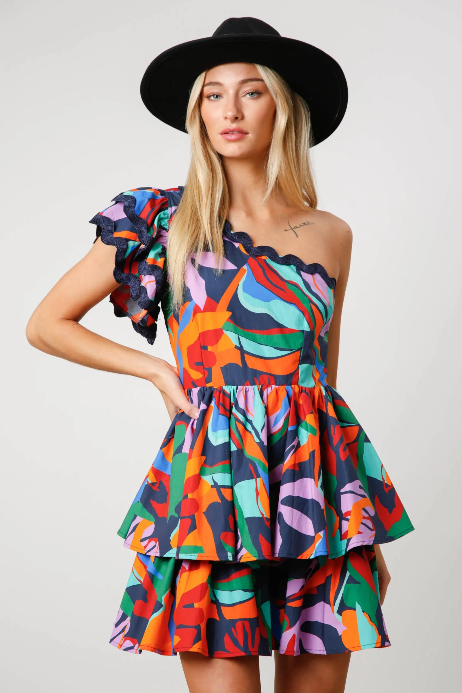 ABSTRACT NAVY ONE SHOULDER RUFFLE DRESS