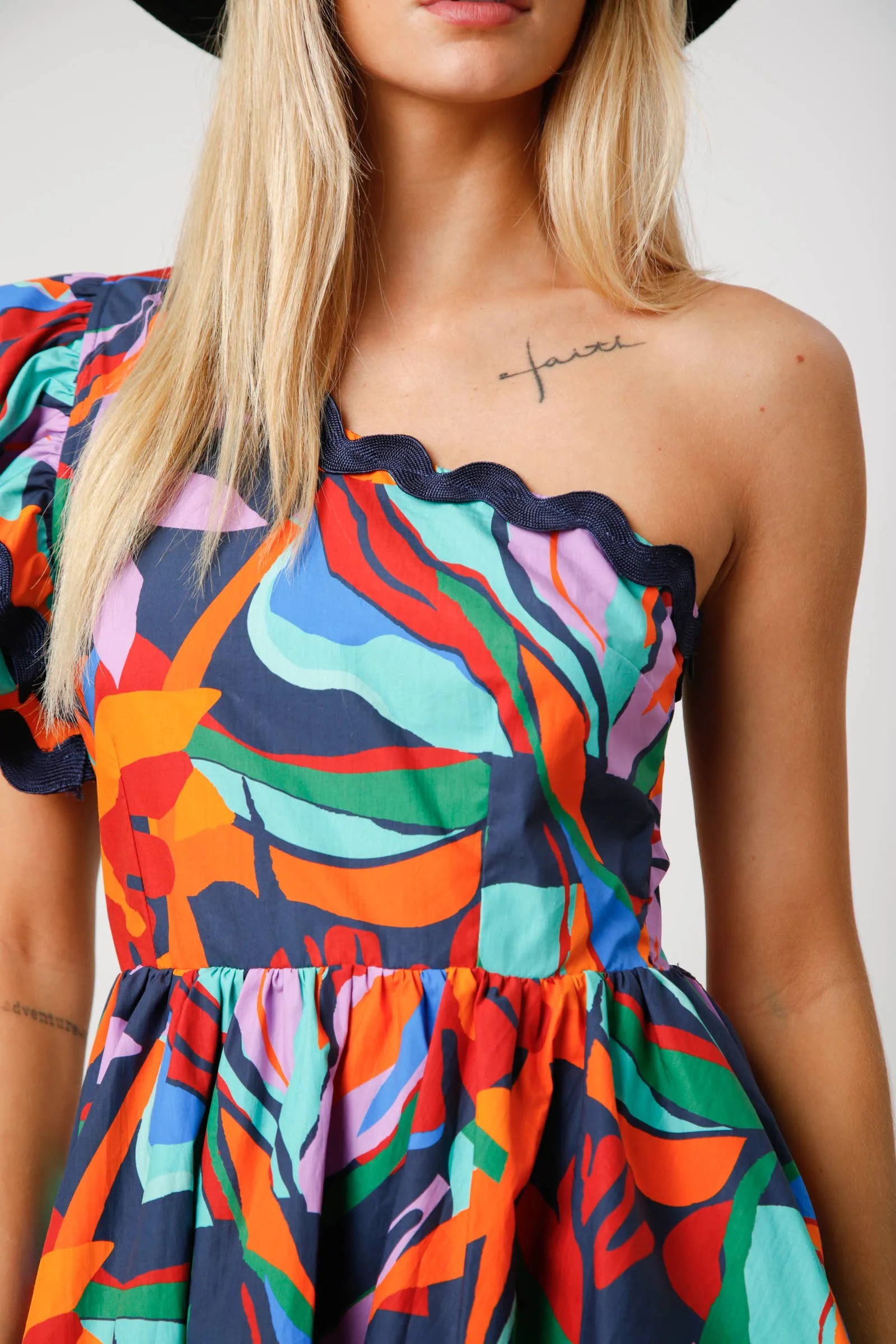 ABSTRACT NAVY ONE SHOULDER RUFFLE DRESS