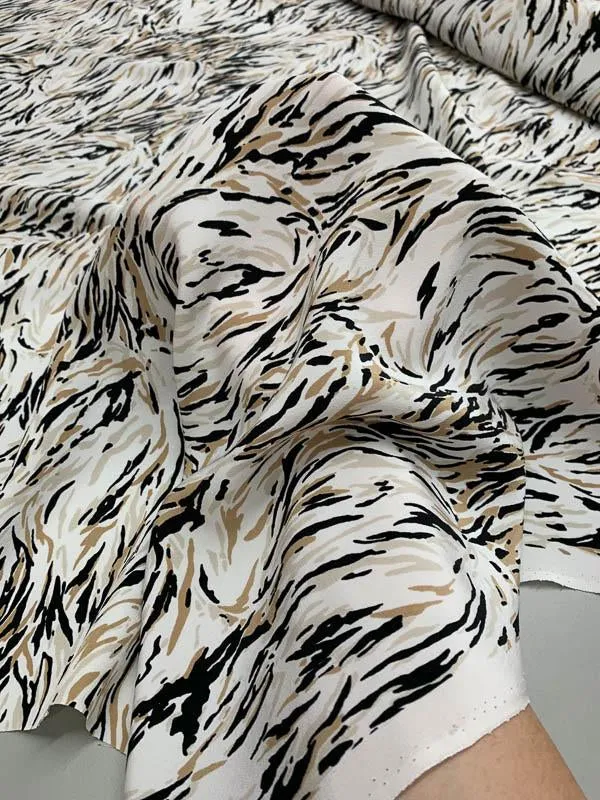 Abstract Painterly Printed Silk Crepe de Chine - White / Black / Mocha