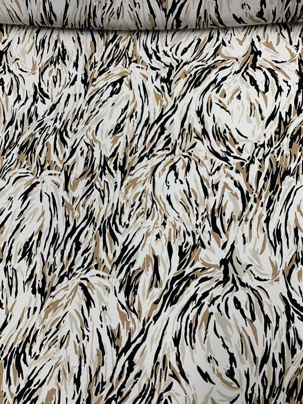 Abstract Painterly Printed Silk Crepe de Chine - White / Black / Mocha