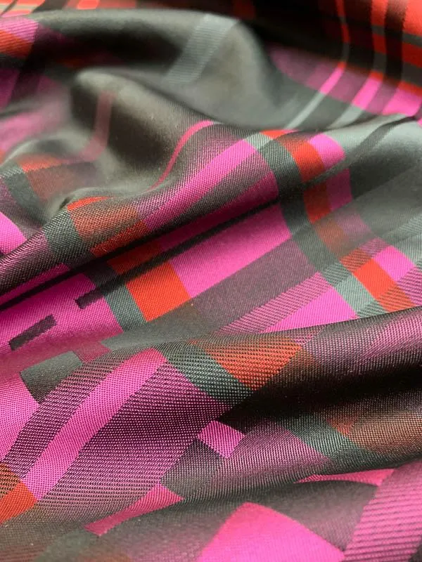 Abstract Plaid Basketweave Yarn-Dyed Poly Taffeta - Magenta / Black / Red