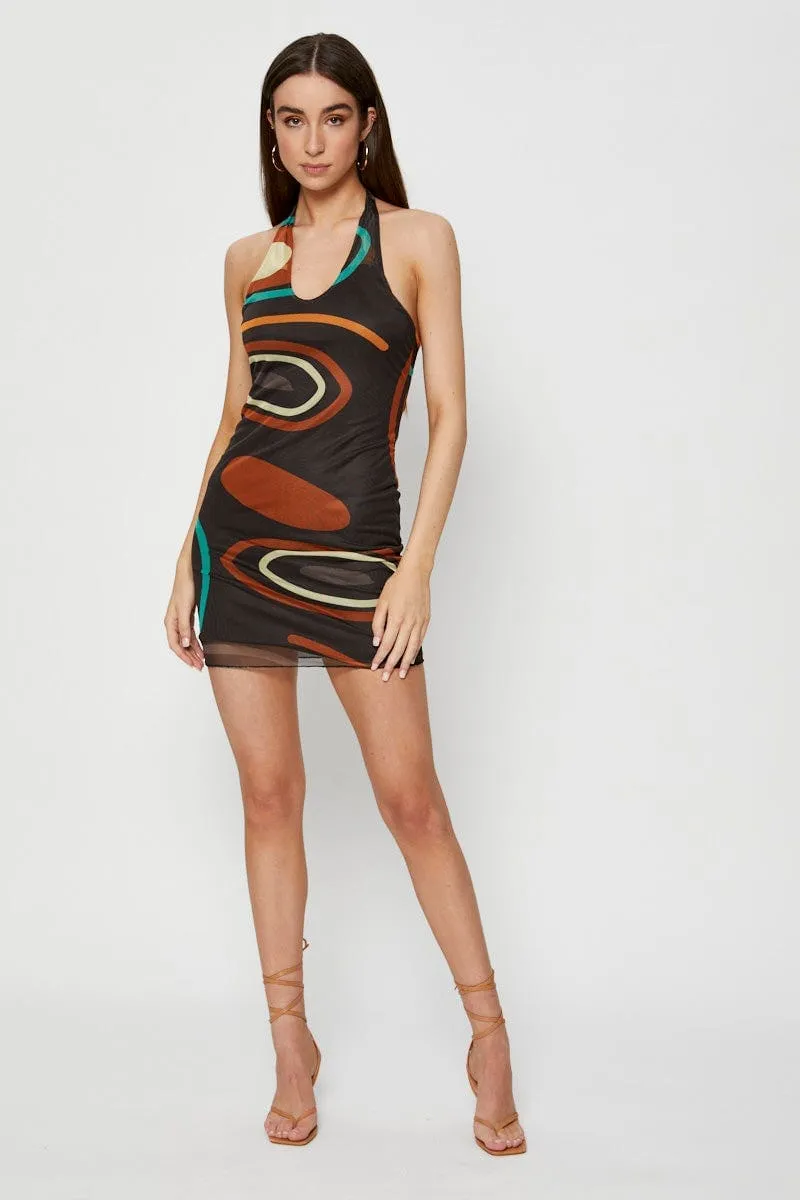 Abstract Print Bodycon Dress Mini Halter Neck