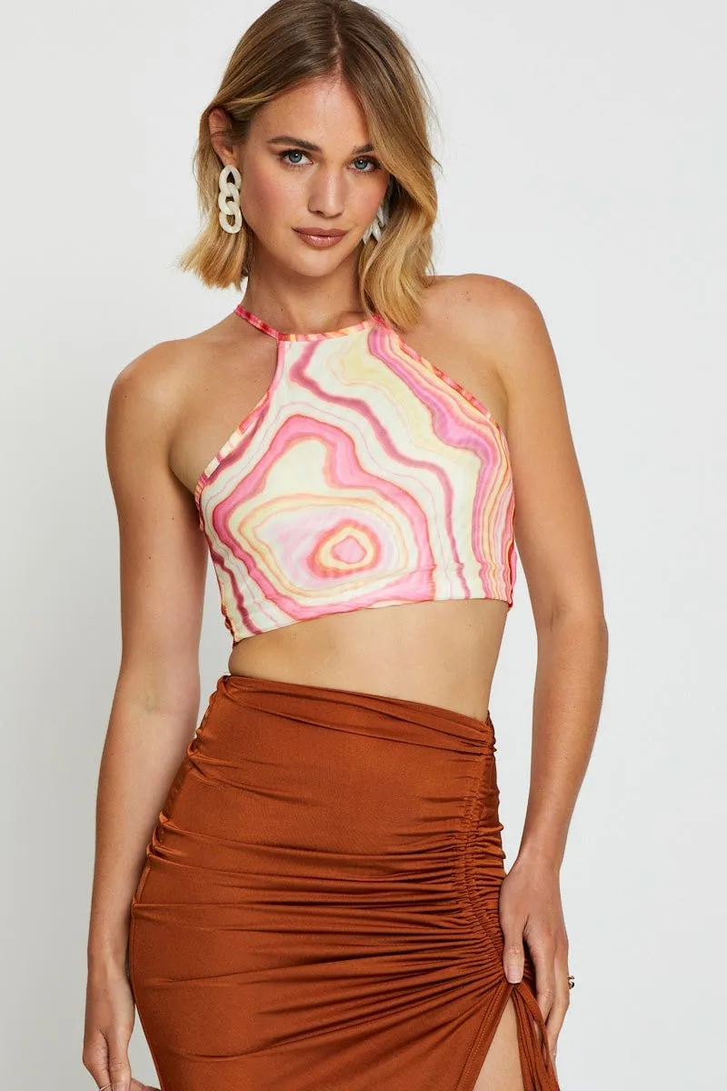 Abstract Print Crop Top Halter Neck