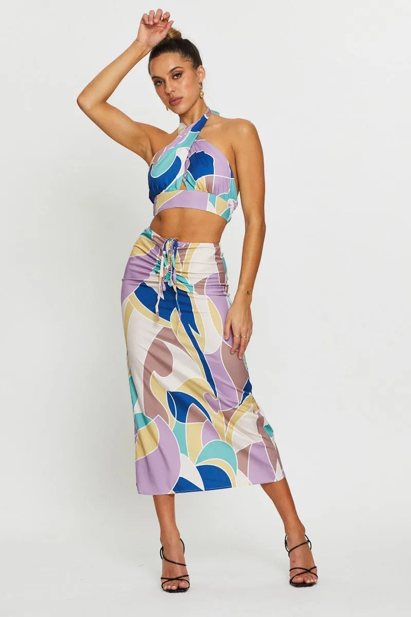 Abstract Print Crop Top Sleeveless Halter