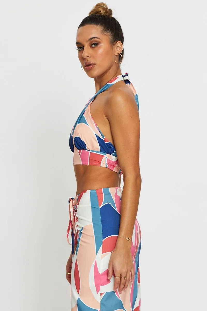 Abstract Print Crop Top Sleeveless Halter