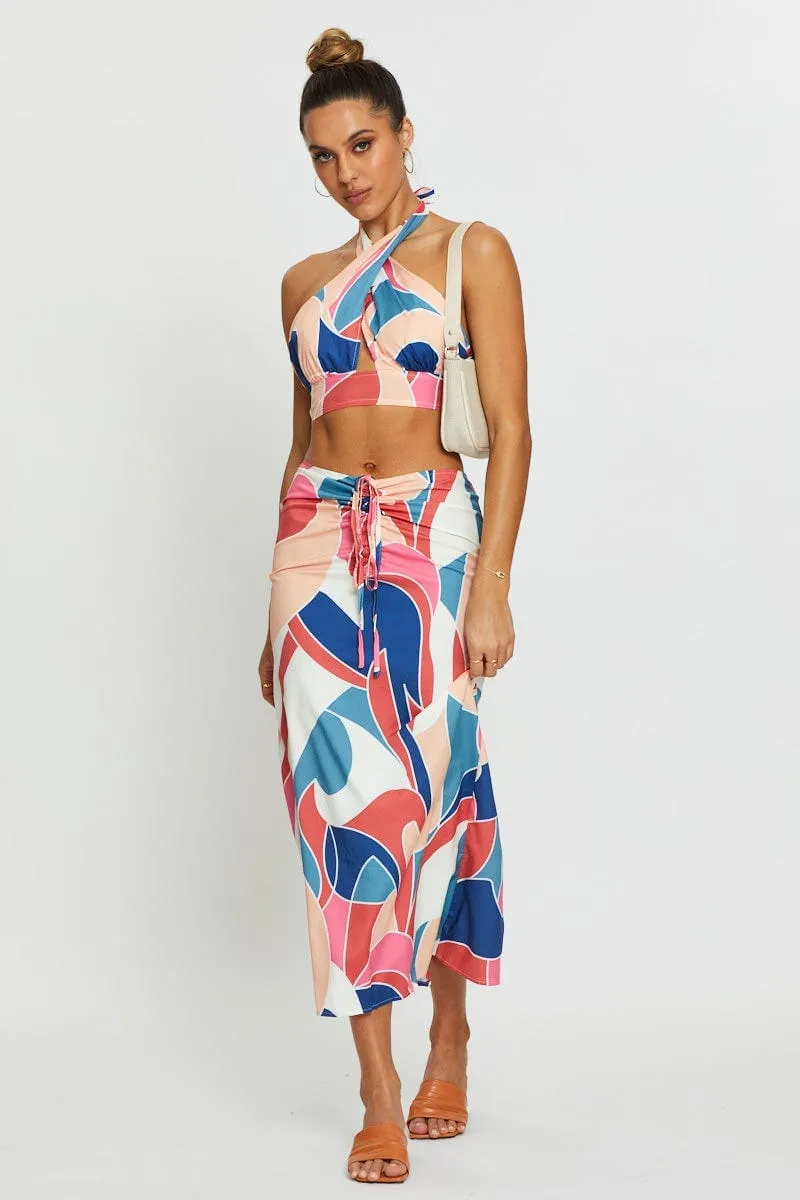 Abstract Print Crop Top Sleeveless Halter