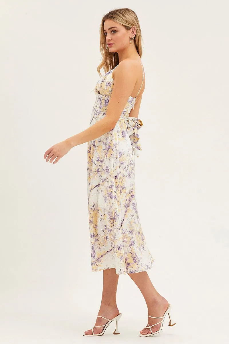 Abstract Print Gathered Bust Tie Back Midi Dress