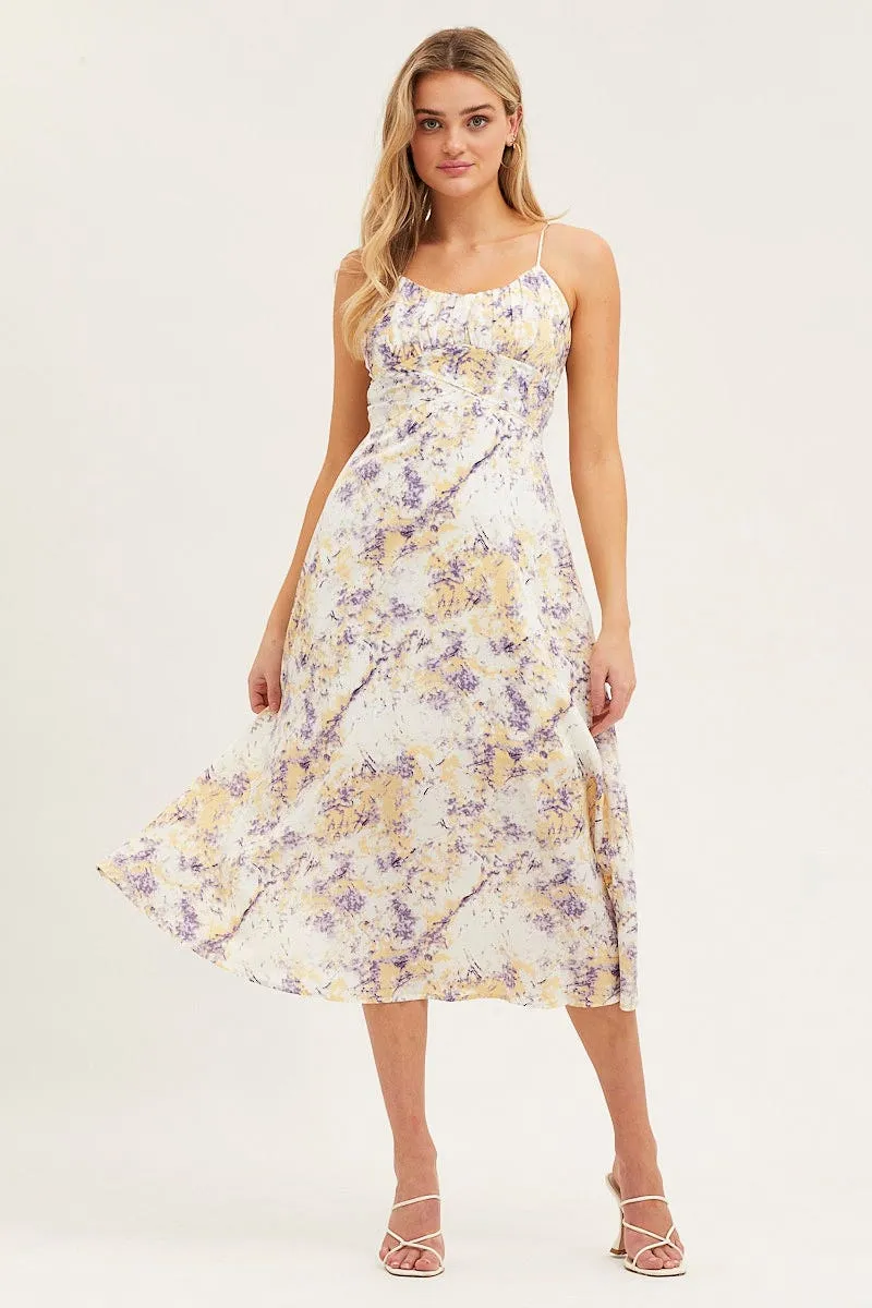 Abstract Print Gathered Bust Tie Back Midi Dress