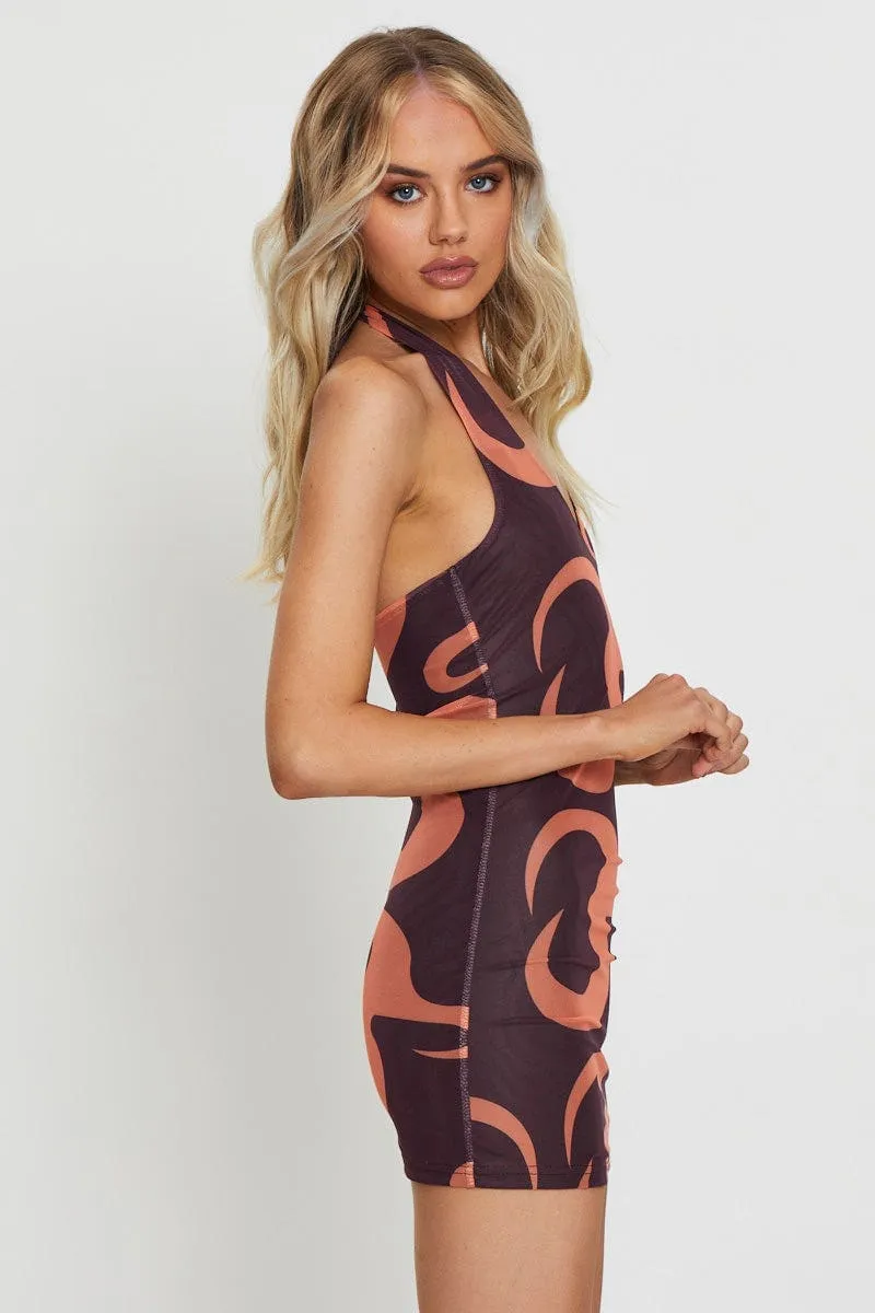 Abstract Print Mini Dress Halter Neck