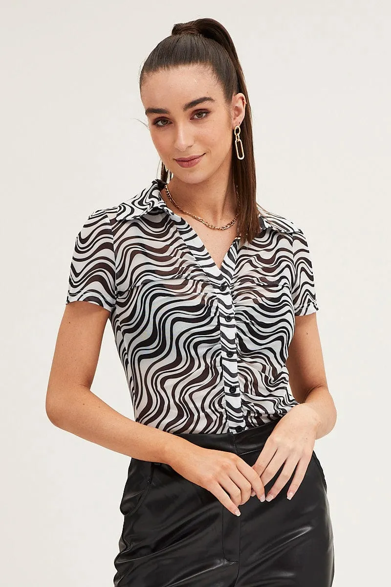 Abstract Print Shirt Short Sleeve Mesh