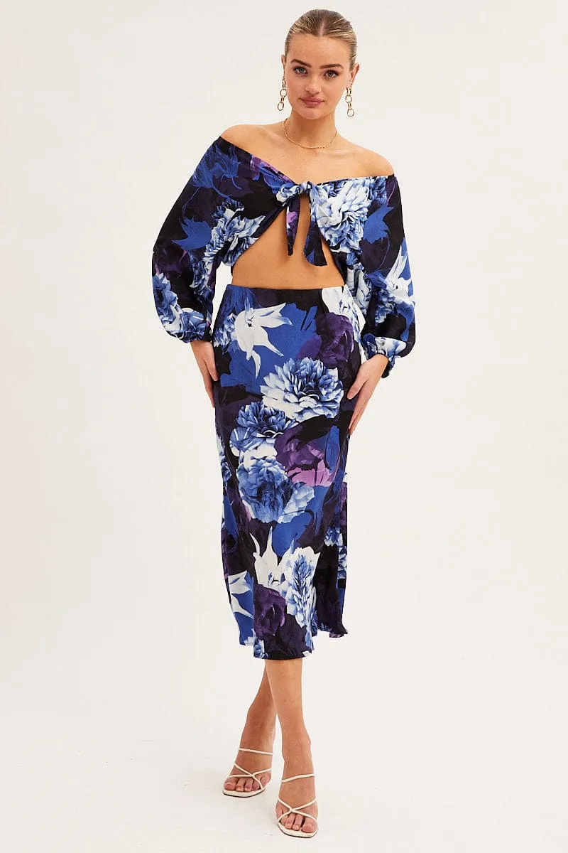 Abstract Print Slip Skirt Midi Satin