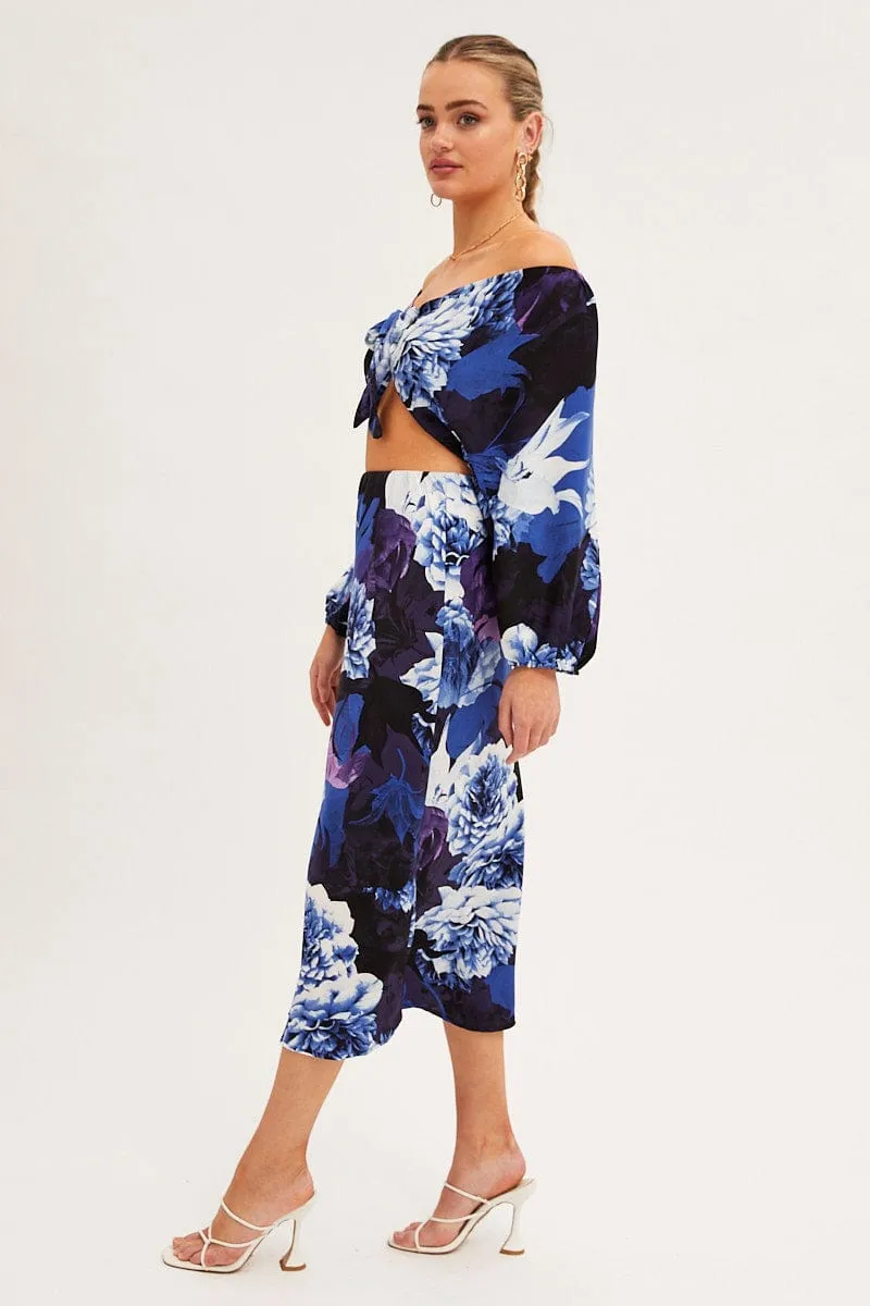 Abstract Print Slip Skirt Midi Satin