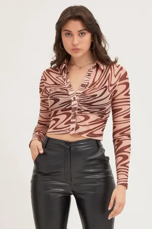 Abstract Print Top Long Sleeve Mesh