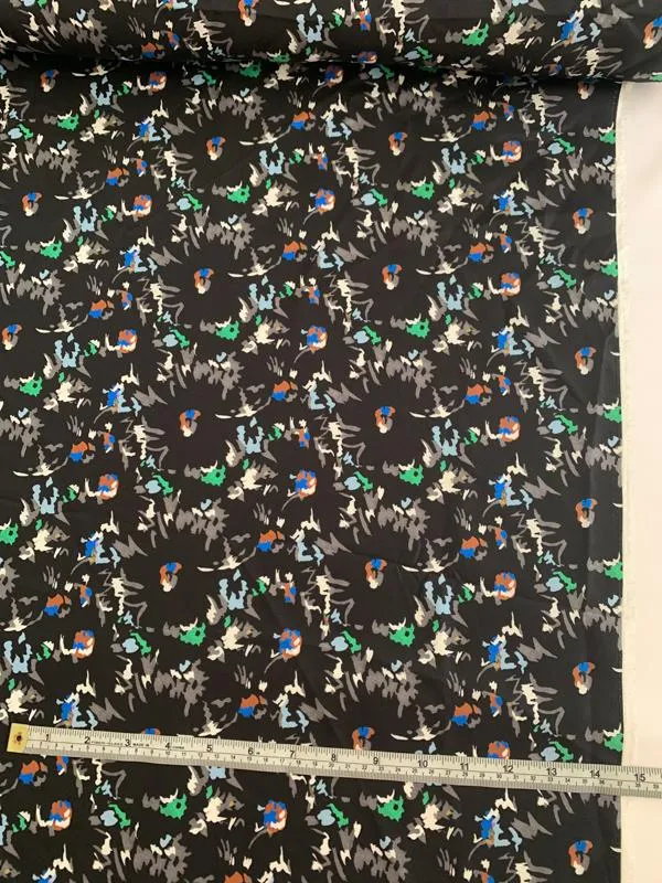 Abstract Printed Fine Silk Twill - Black / Multicolor