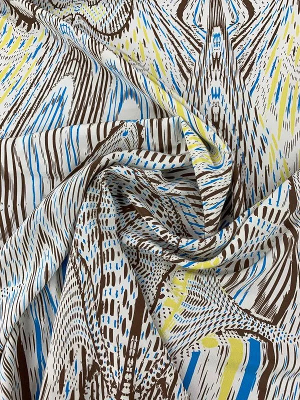 Abstract Printed Silk Crepe de Chine - Brown / Blue / Yellow / White