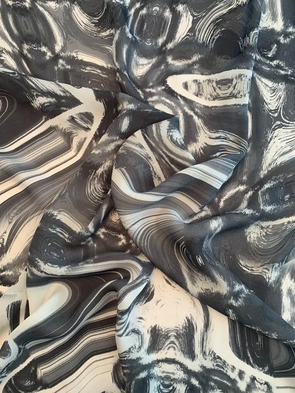 Abstract Spheres Printed Silk Georgette - Grey / Light Grey / White