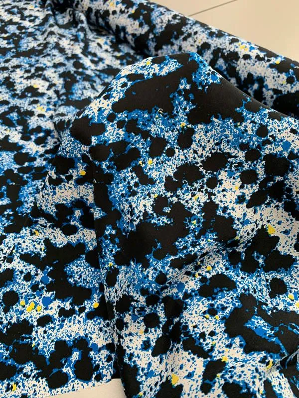 Abstract Splatter Printed Silk Crepe de Chine - Blue / Black / White / Yellow