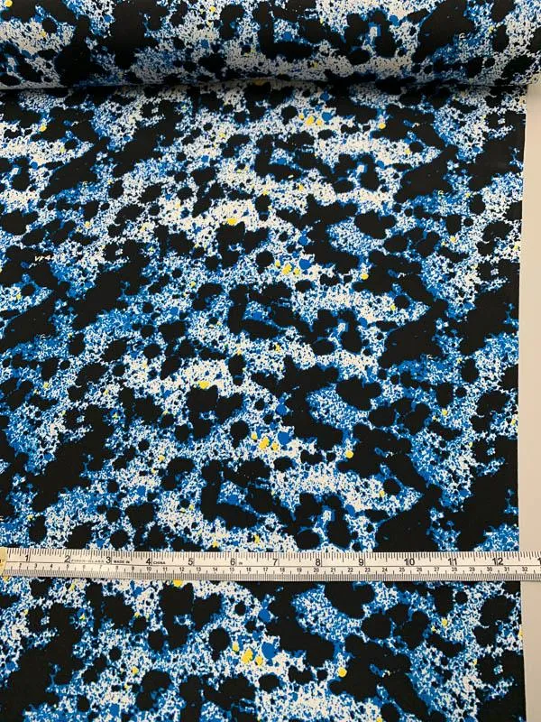 Abstract Splatter Printed Silk Crepe de Chine - Blue / Black / White / Yellow