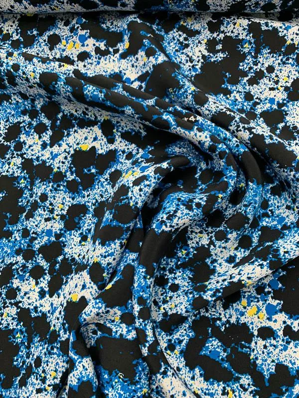 Abstract Splatter Printed Silk Crepe de Chine - Blue / Black / White / Yellow