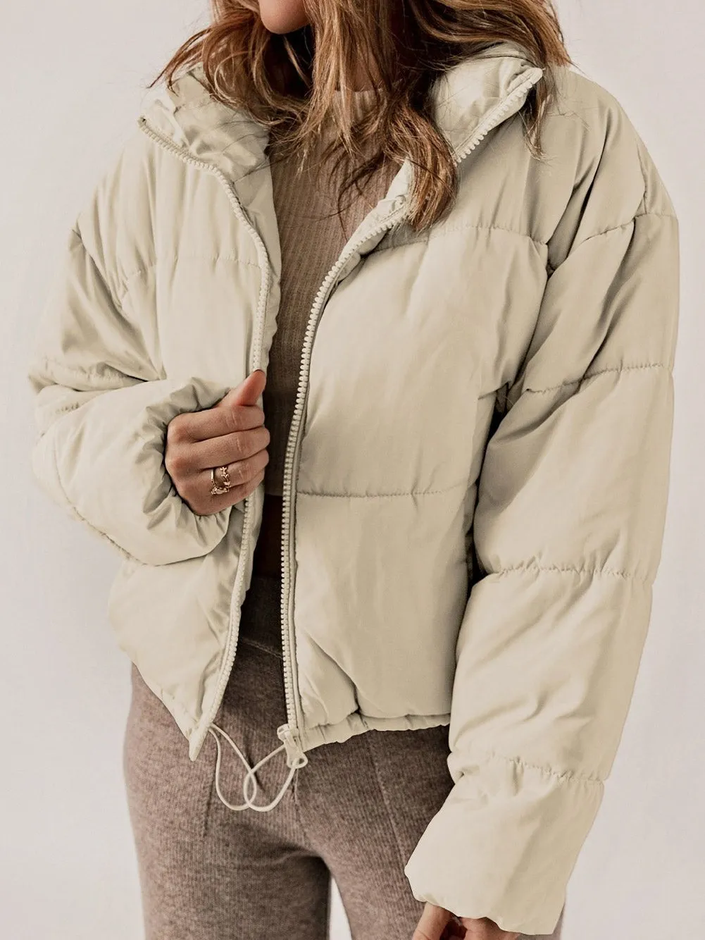 Apricot Quilted Puffer Jacket with Drawstring Hem