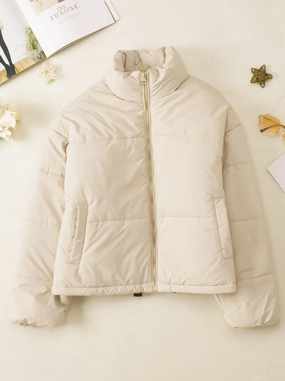 Apricot Quilted Puffer Jacket with Drawstring Hem