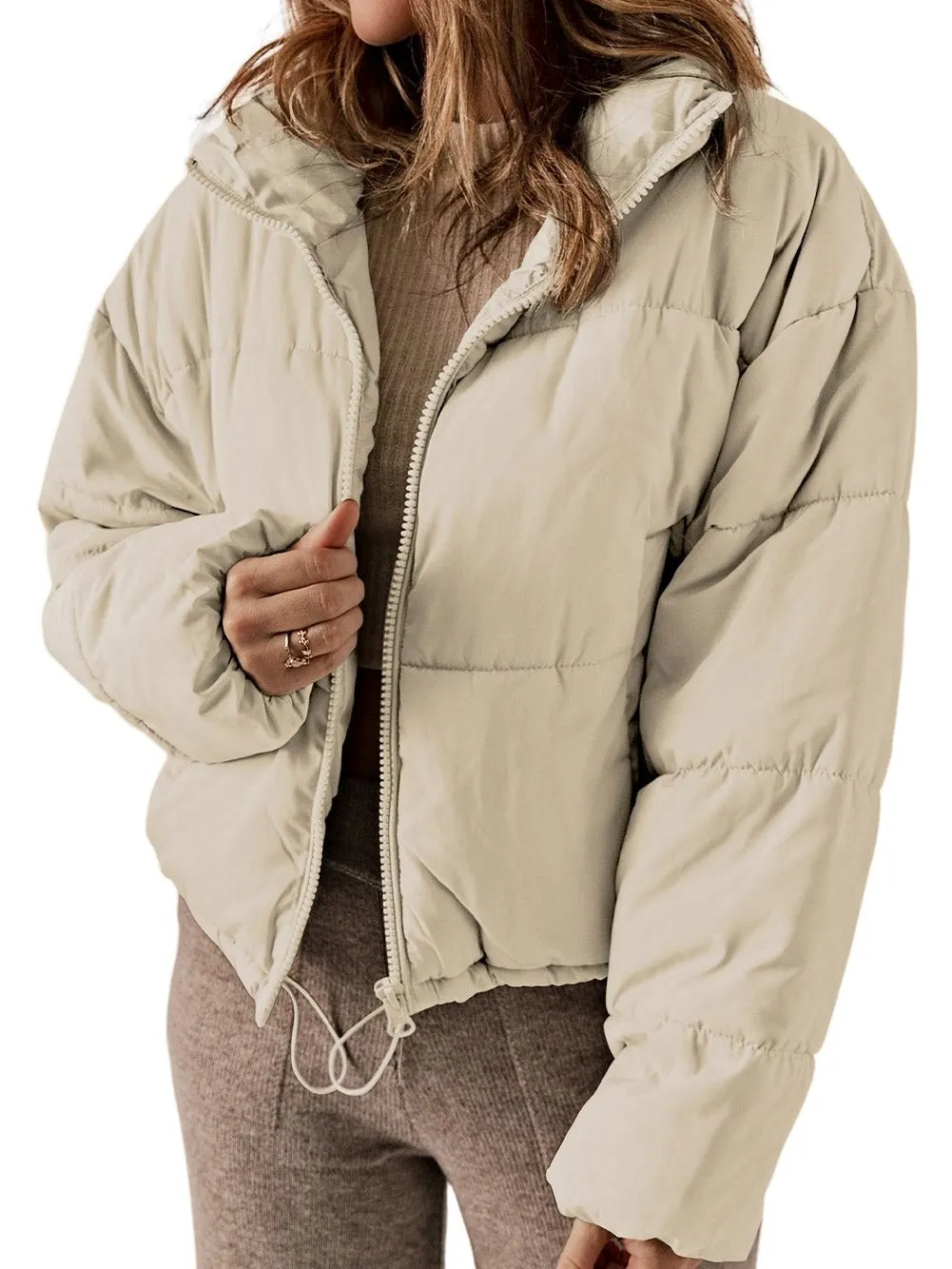 Apricot Quilted Puffer Jacket with Drawstring Hem