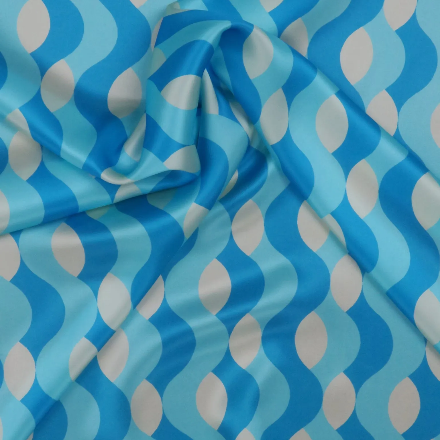 Aqua and Ivory Abstract Waves Printed Silk Charmeuse Fabric