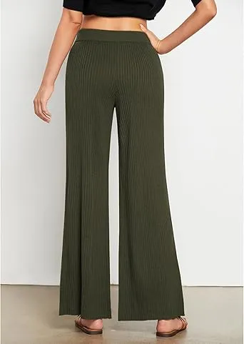 Army Green Women's Casual Elastic Waist Full Length High Waisted Relaxed Fit Stretch Wide Leg Pants in Acrylic Fibers