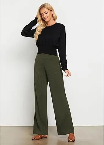 Army Green Women's Casual Elastic Waist Full Length High Waisted Relaxed Fit Stretch Wide Leg Pants in Acrylic Fibers