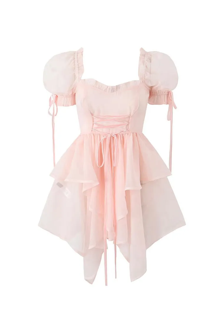 Asymmetric Bow Tie Puff Sleeve Lace Up Organza Summer Ruffle Tiered Mini Dress