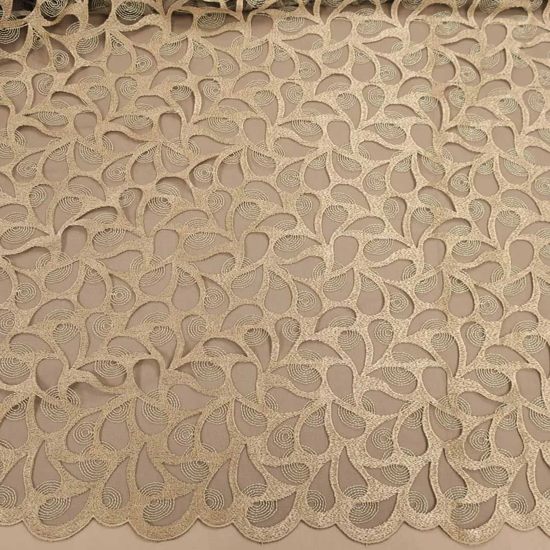 Beige Abstract Embroidered Tulle Fabric