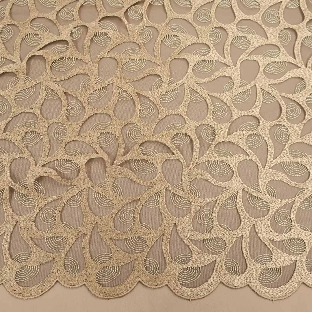 Beige Abstract Embroidered Tulle Fabric