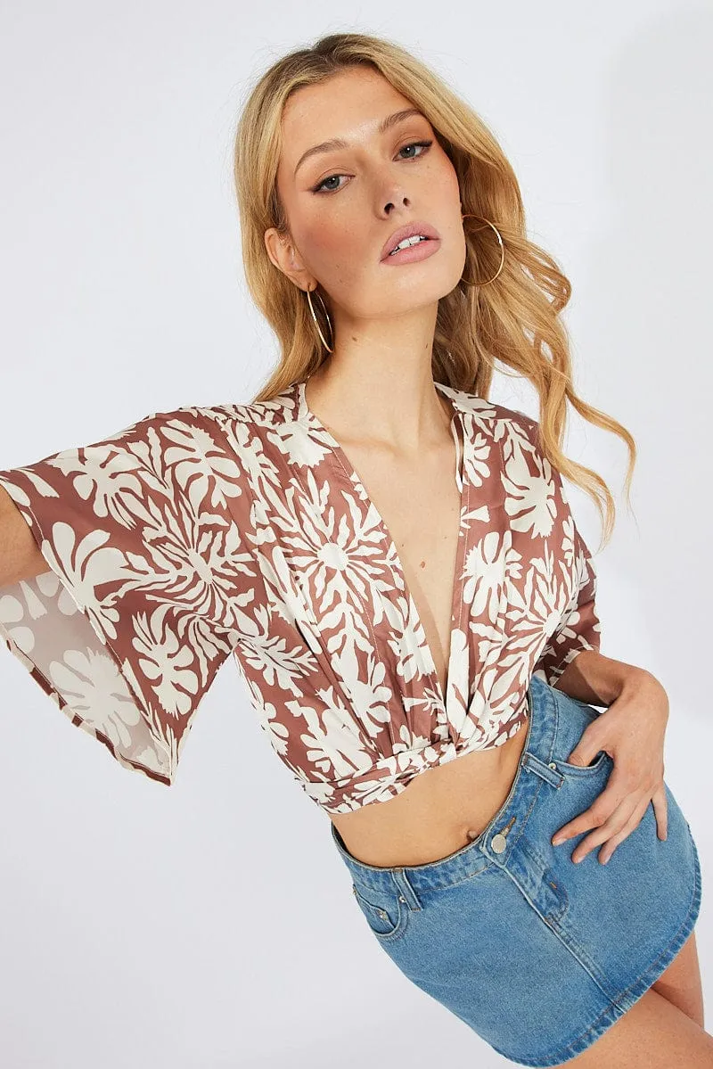 Beige Abstract Front Tie Bolero