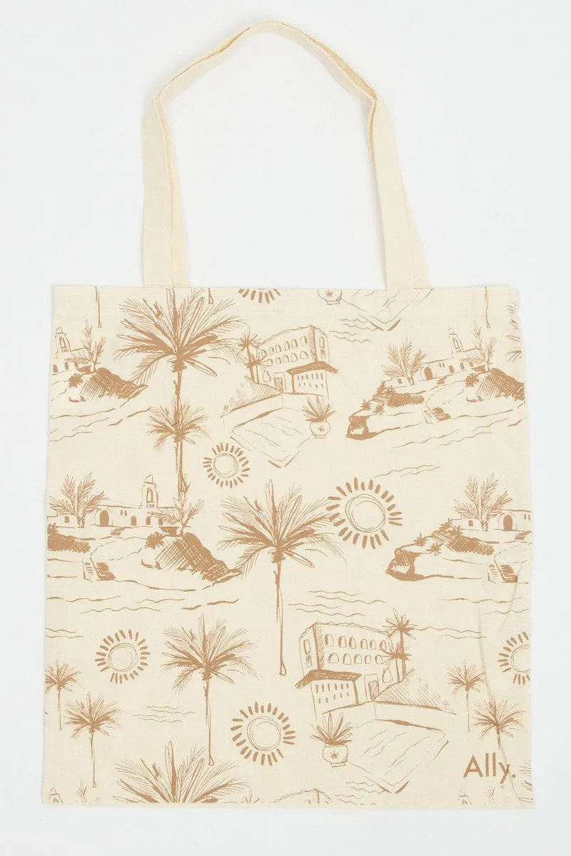 Beige Abstract Tote Bag Printed Beachside Escape