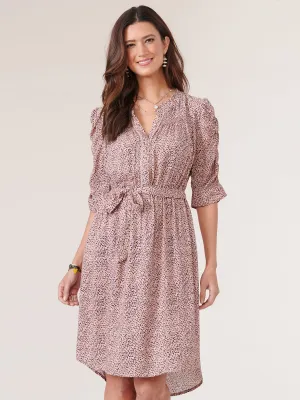 Below Elbow Ruched Sleeve Button Down Printed Tie Waist Dress