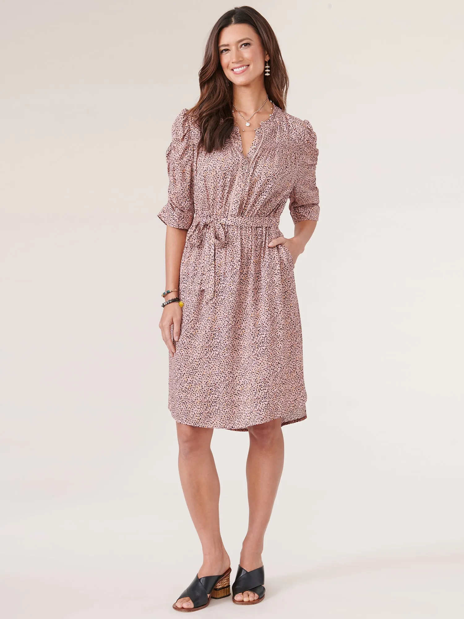 Below Elbow Ruched Sleeve Button Down Printed Tie Waist Dress