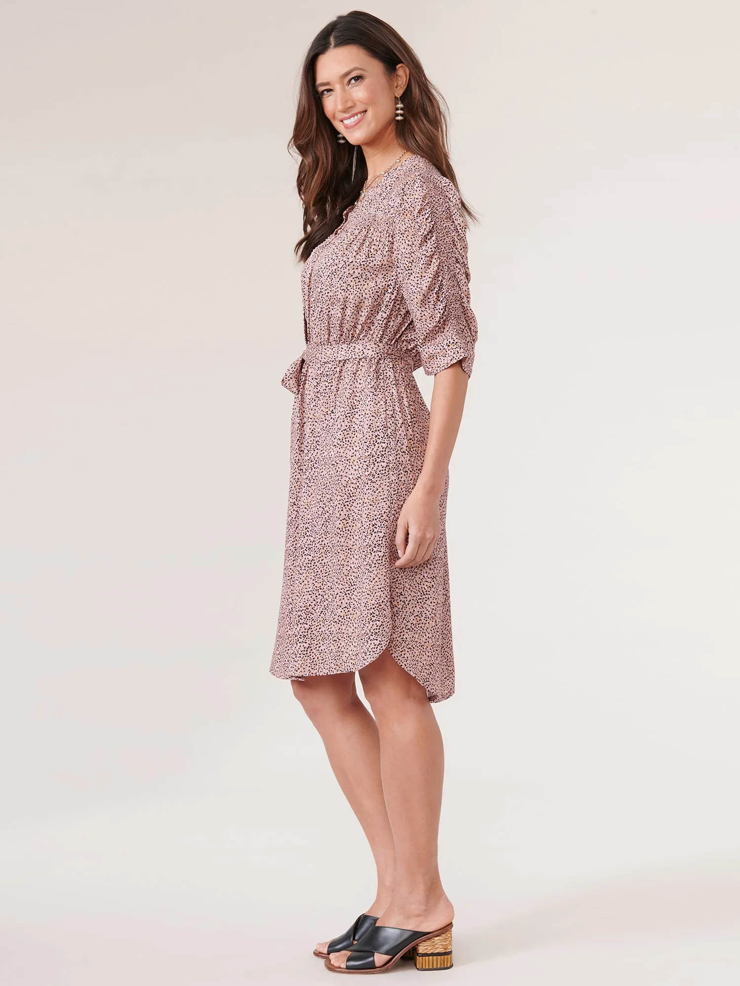 Below Elbow Ruched Sleeve Button Down Printed Tie Waist Dress