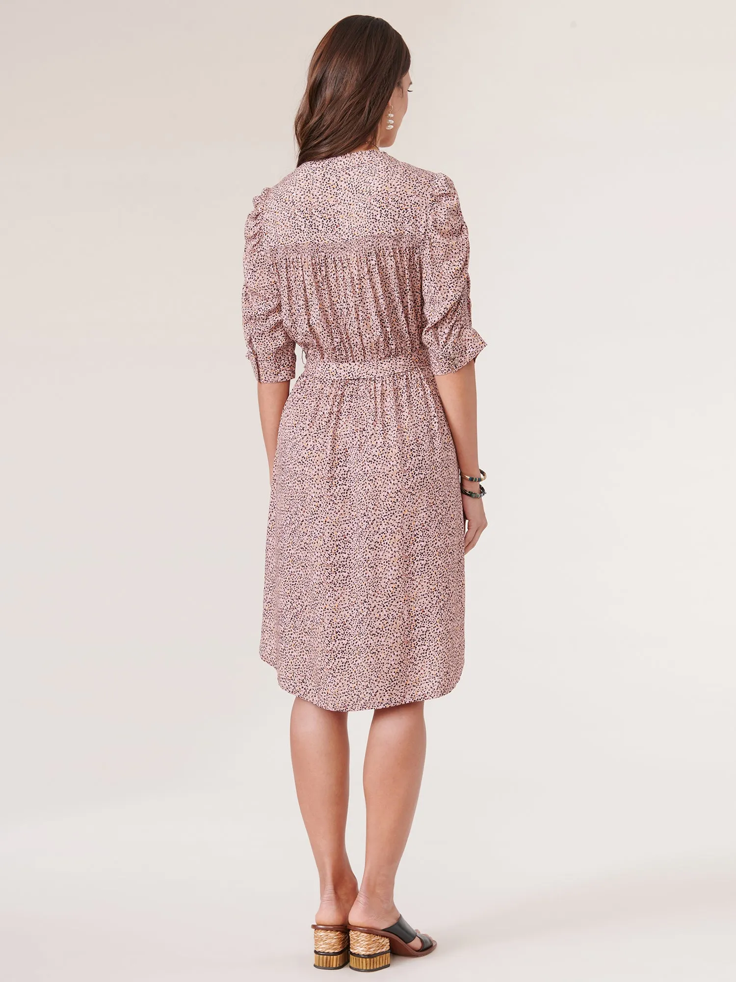 Below Elbow Ruched Sleeve Button Down Printed Tie Waist Dress