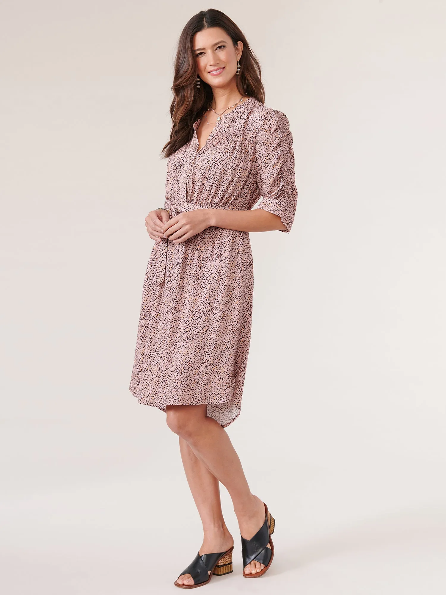 Below Elbow Ruched Sleeve Button Down Printed Tie Waist Dress